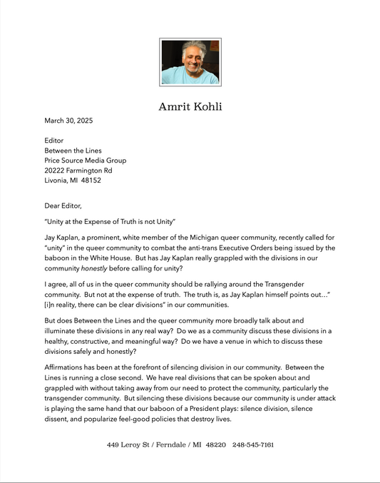 Letter to Editor of Between the Lines