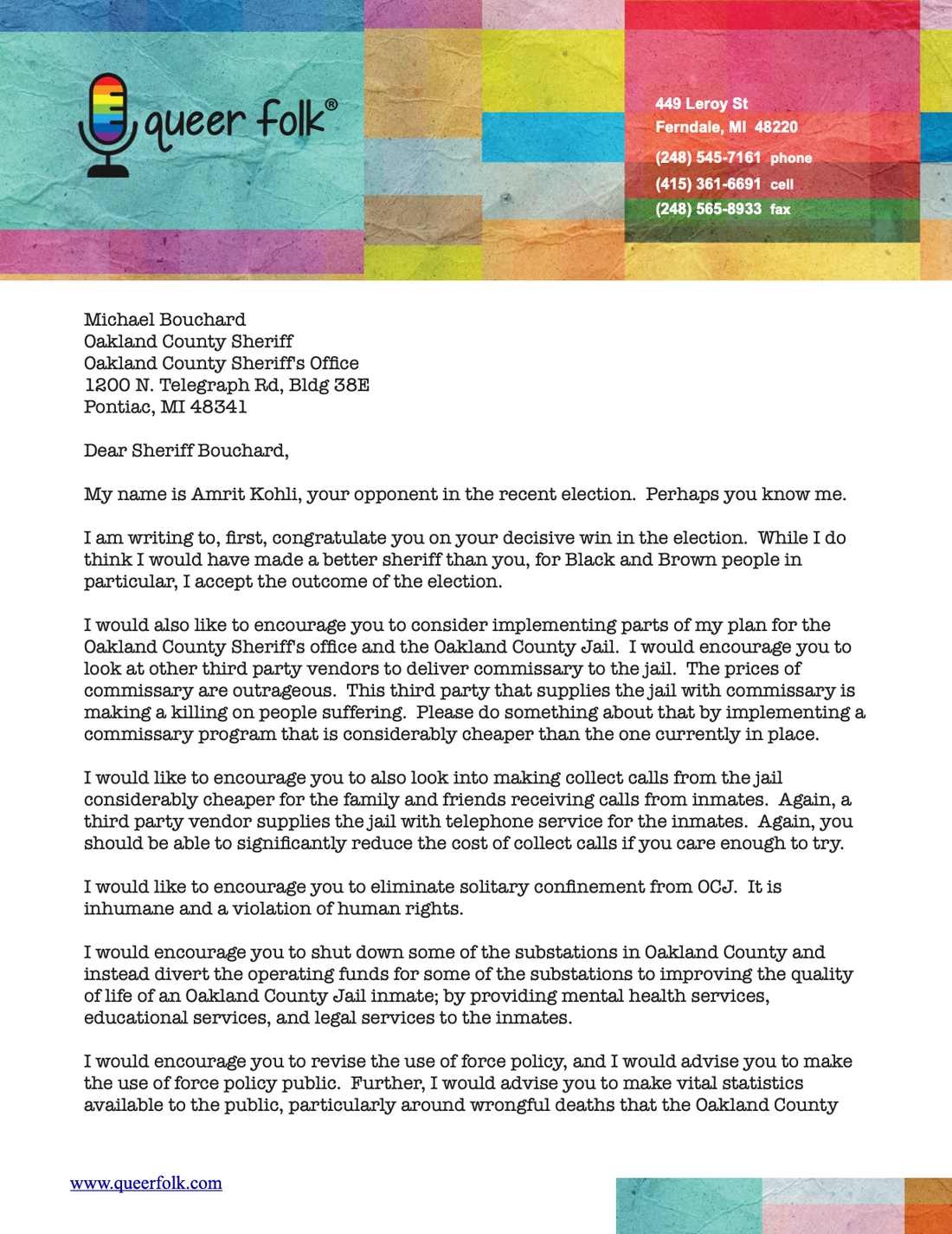 Open Letter to Oakland County Sheriff Michael Bouchard from Amrit Kohli