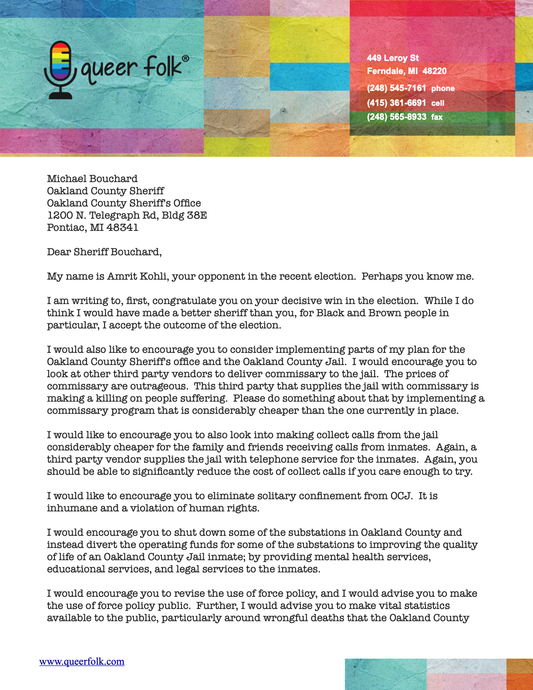 Open Letter to Oakland County Sheriff Michael Bouchard from Amrit Kohli